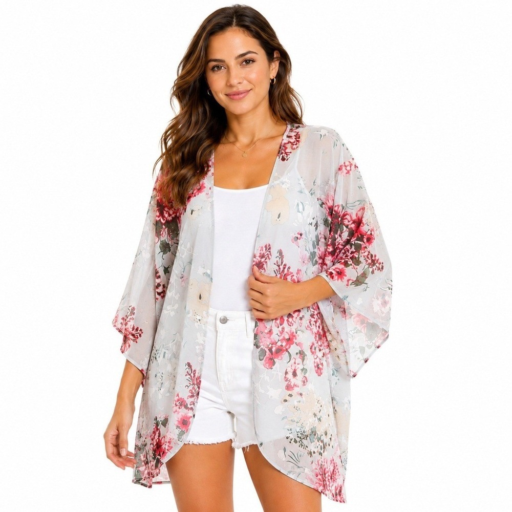 Sheer Floral Kimono Cardigan Womans M Pink Red Chiffon Open Front Cover Up Boho